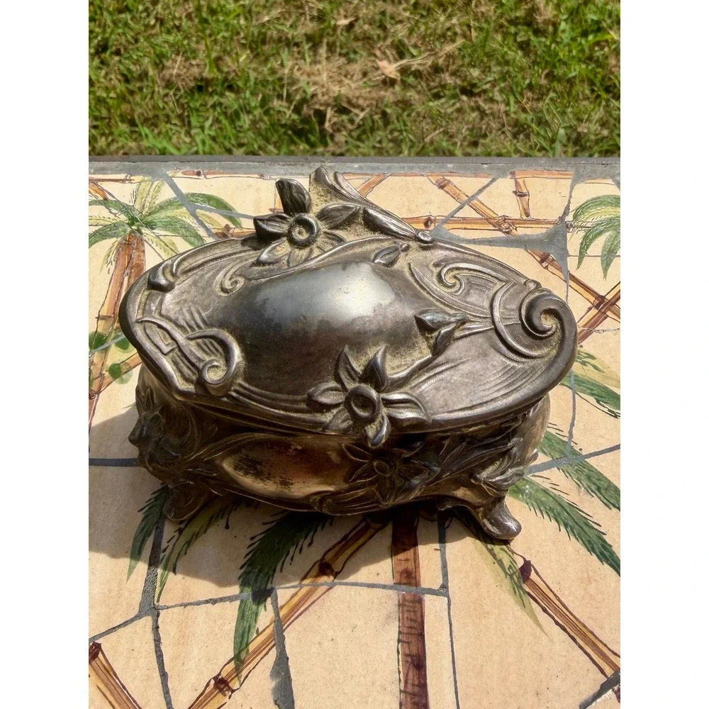 Vintage Art Nouveau Silver Tone Floral Footed Trinket Jewelry Box Teal Velvet